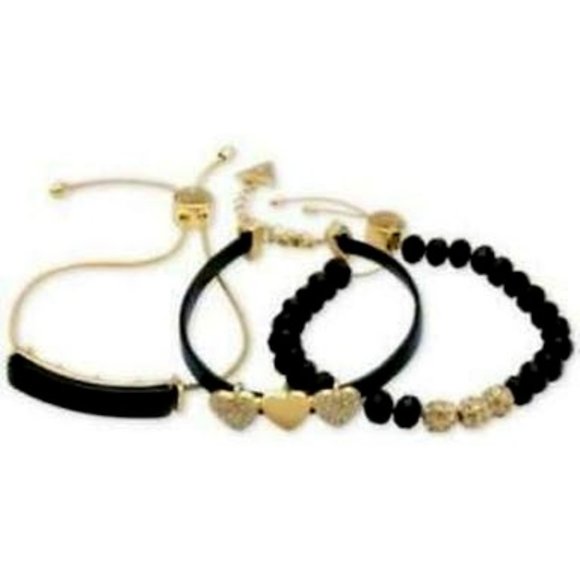 Guess Gold-Tone 3-Pc. Set Crystal, Heart & Bead Faux Leather Slider Bracelets - Picture 1 of 1